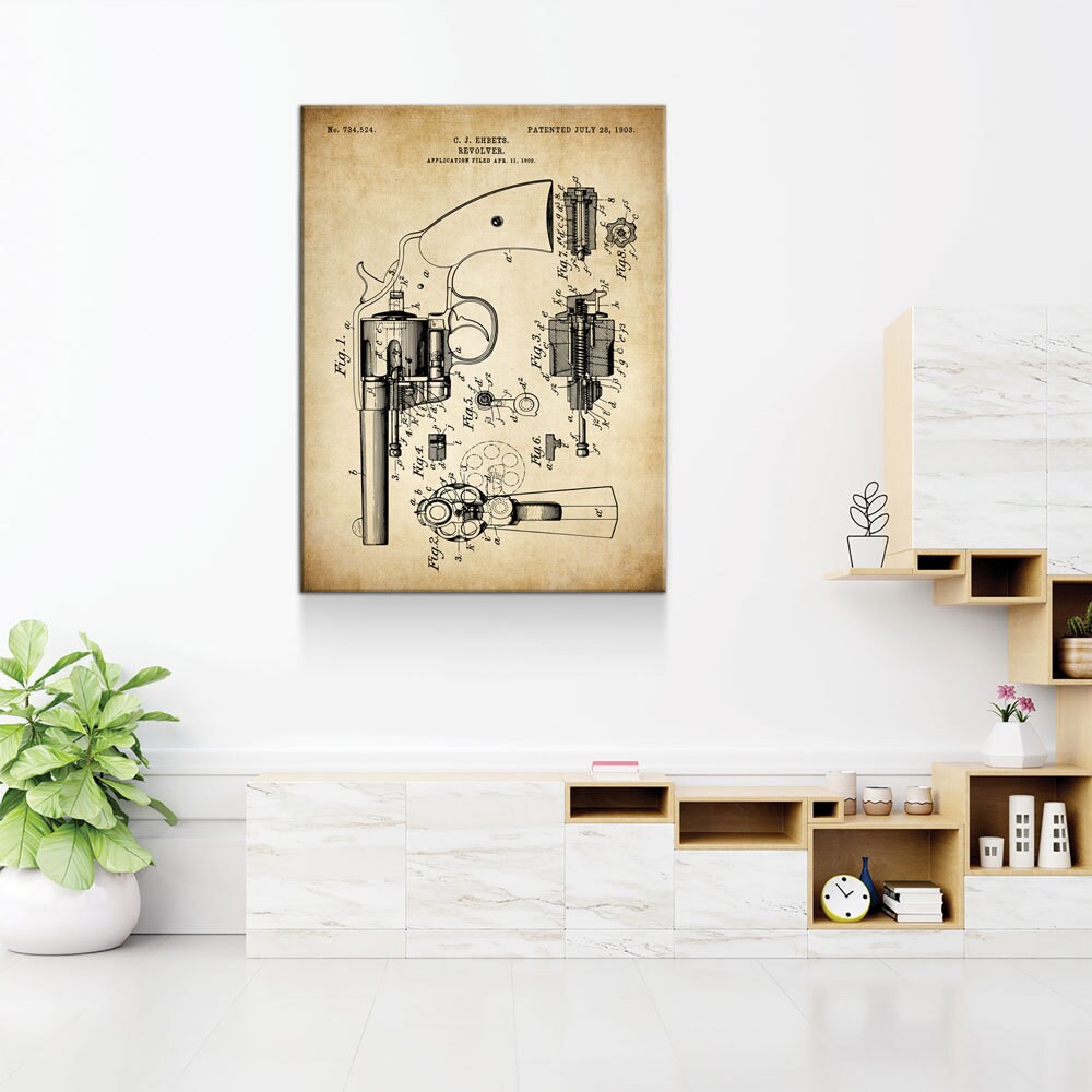 Revolver Patent Print Canvas Wall Art, 1903 Vintage Gun Patent