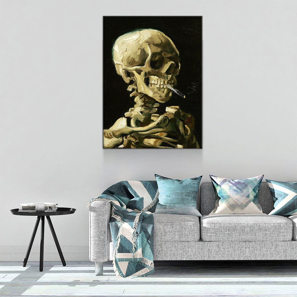 Van Gogh Smoking Skull Canvas Wall Art, Skeleton Reproduction