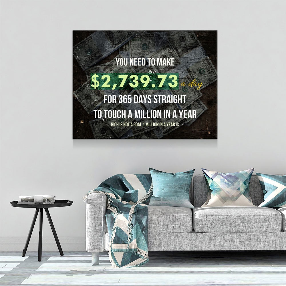 A Million In A Year Canvas Wall Art, Success Quote Office Decor