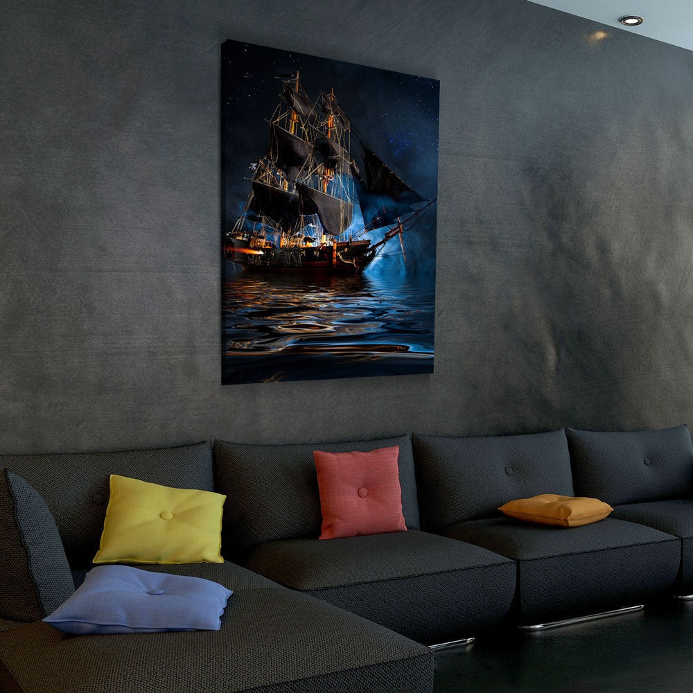 Pirate Ship Dark Sea Canvas Wall Art, Jolly Roger Battleship