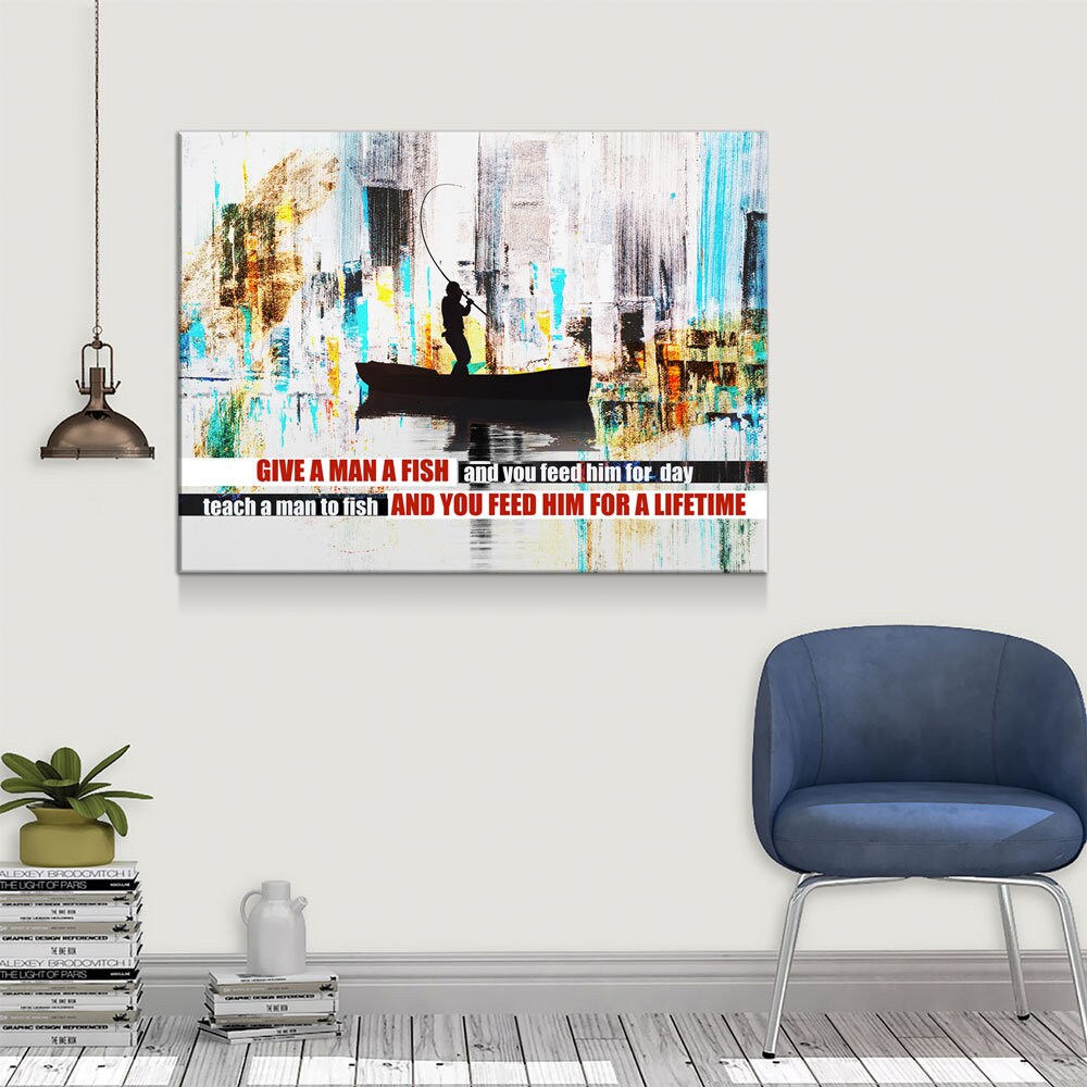 Teach A Man To Fish Canvas Wall Art, Motivational Abstract Decor