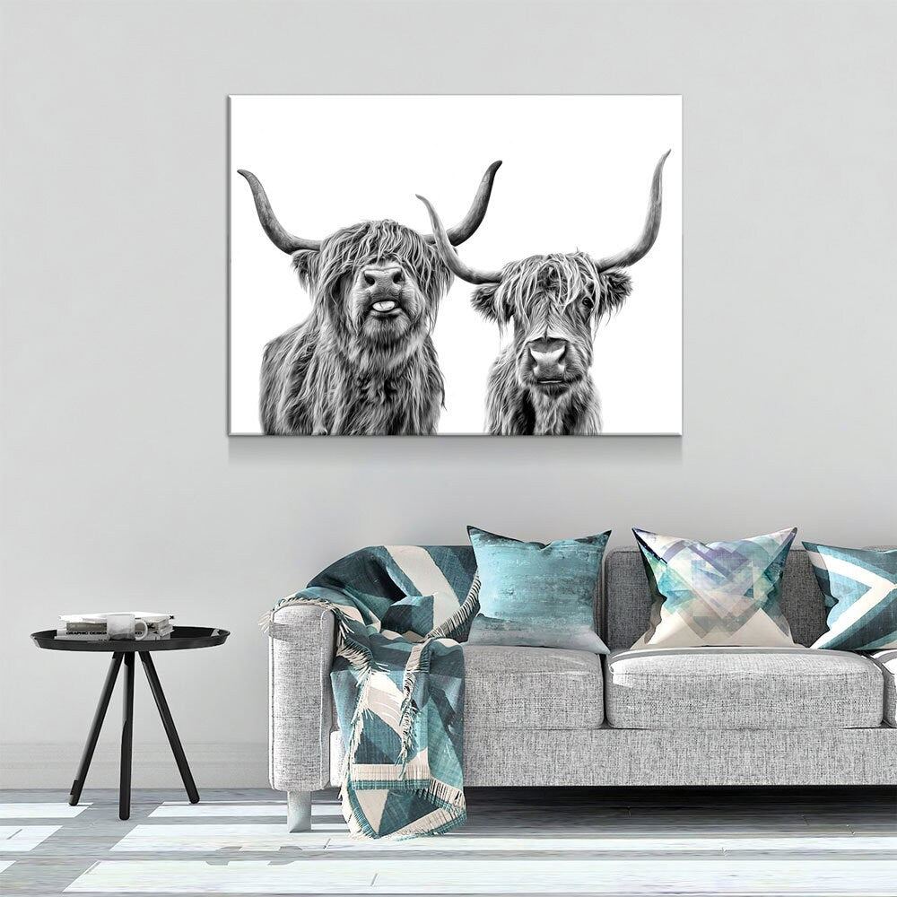 Highland Cows Canvas Wall Art, Black And White Farmhouse Decor