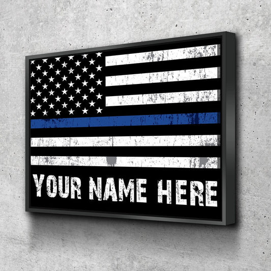 Personalized Thin Blue Line Flag Canvas, Police Officer Wall Art