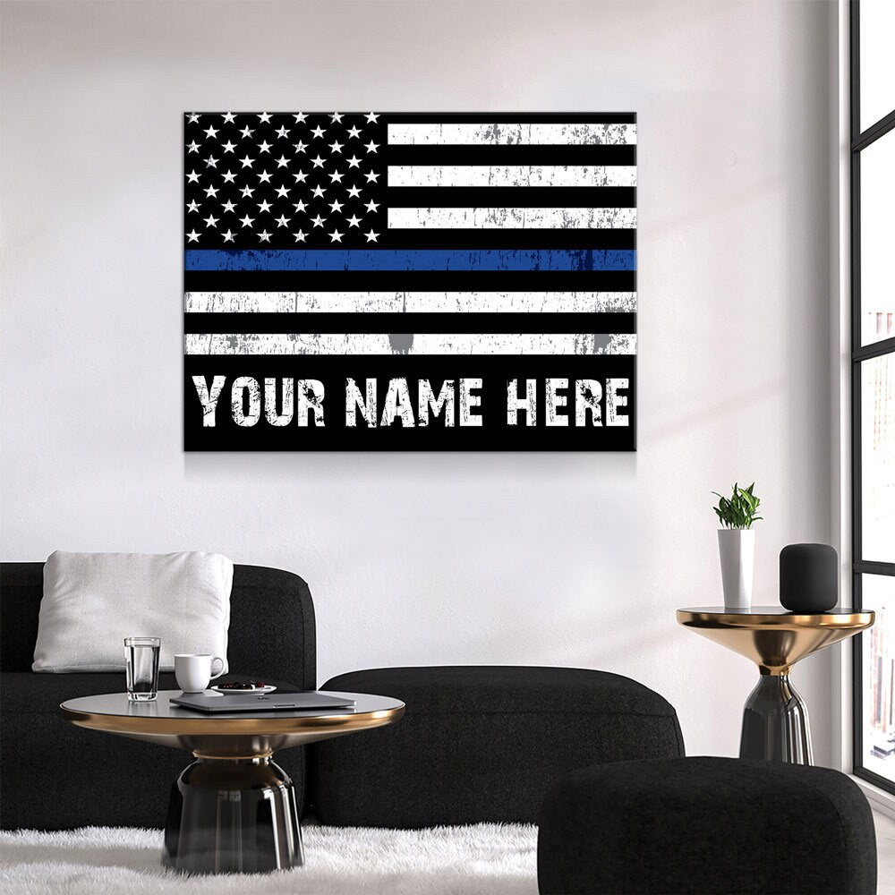 Personalized Thin Blue Line Flag Canvas, Police Officer Wall Art