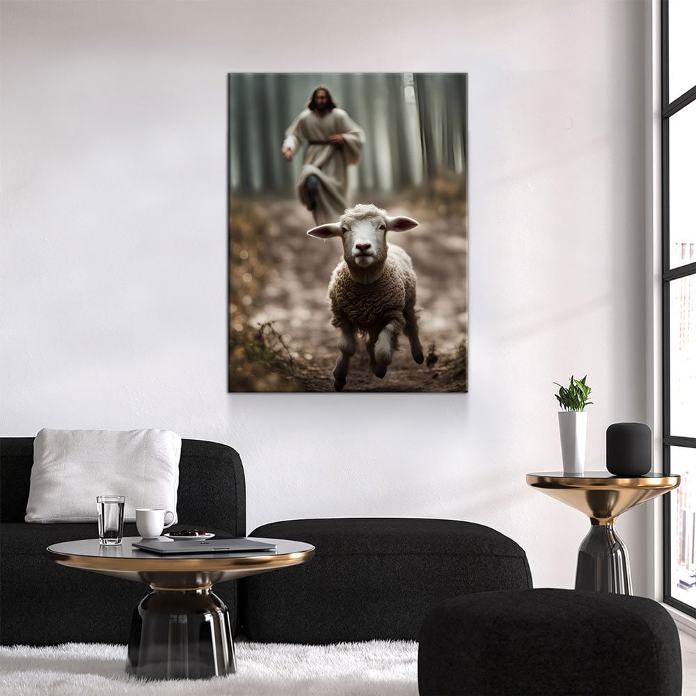 Jesus Running After A Lost Lamb Canvas Wall Art