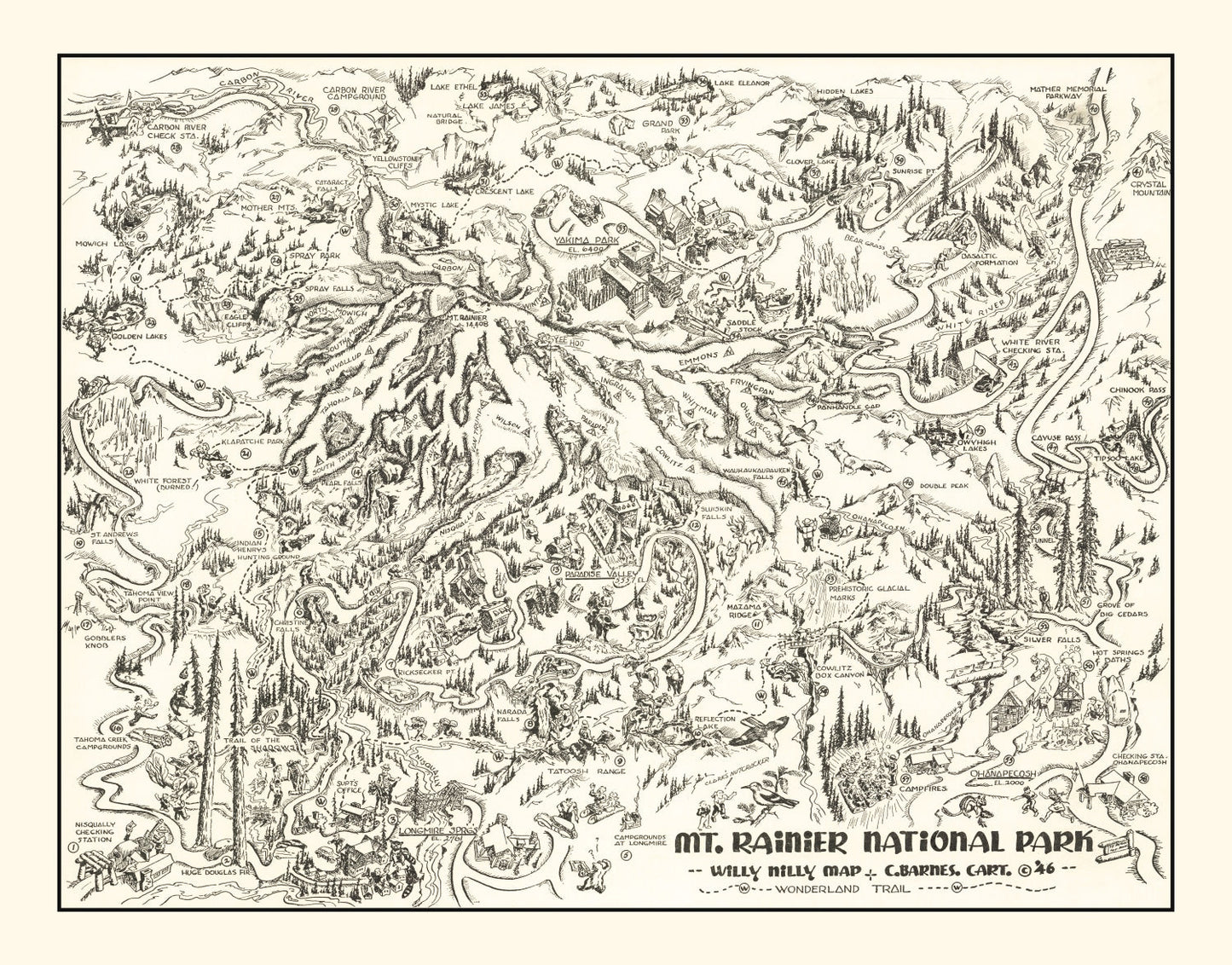 Vintage Map of Mt. Rainier National Park, Washington, 1946