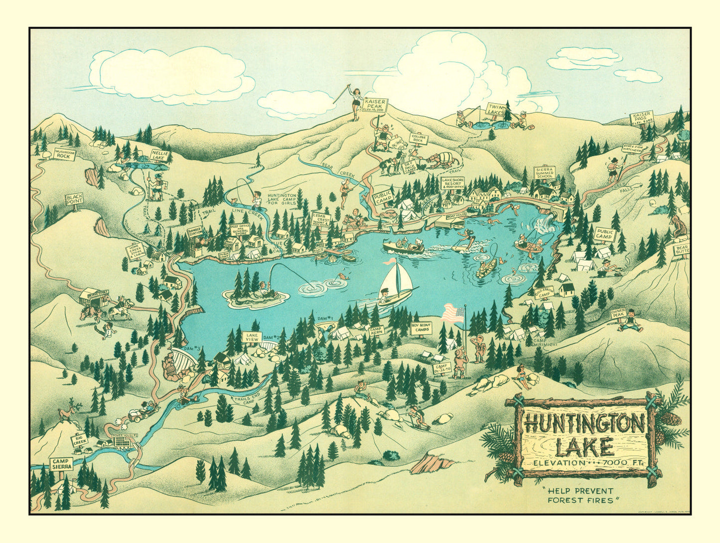 Vintage Map of Huntington Lake, California, 1940