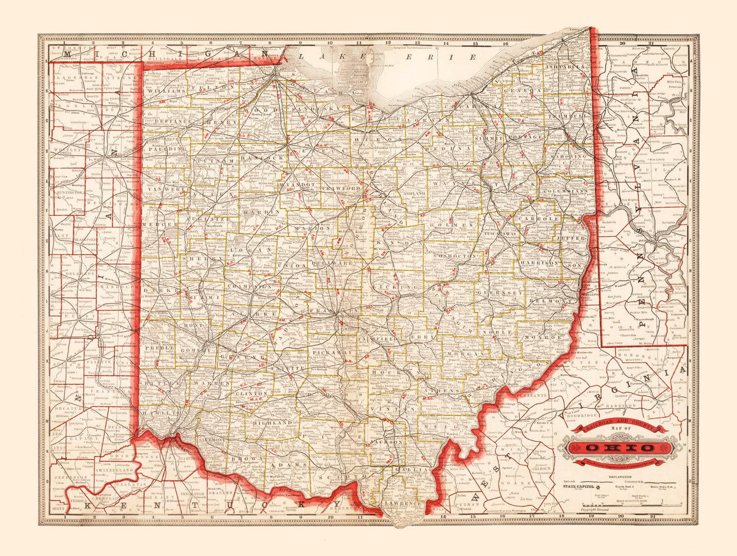 Vintage Railroad Map of Ohio, 1882