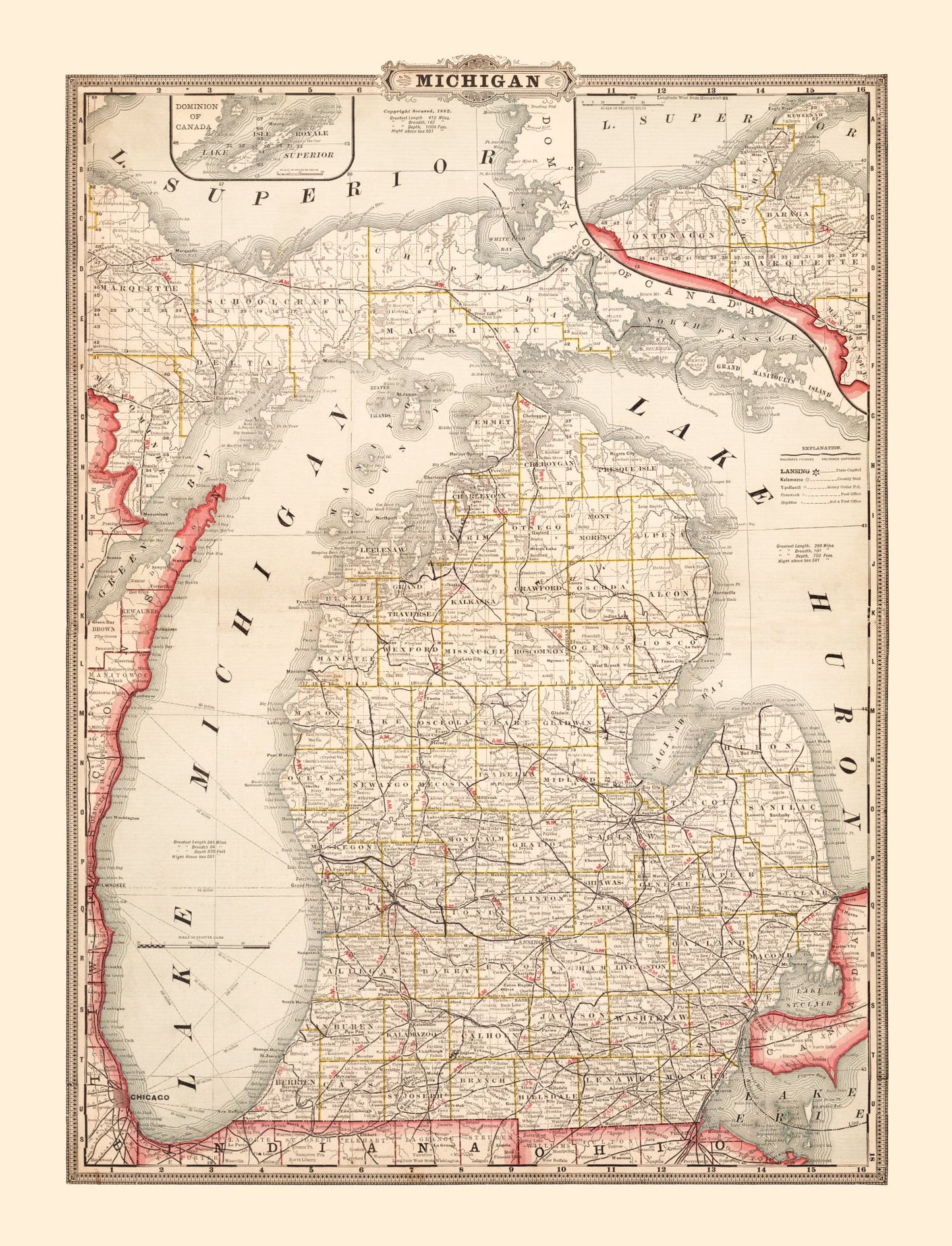 Vintage Map of Michigan, 1882