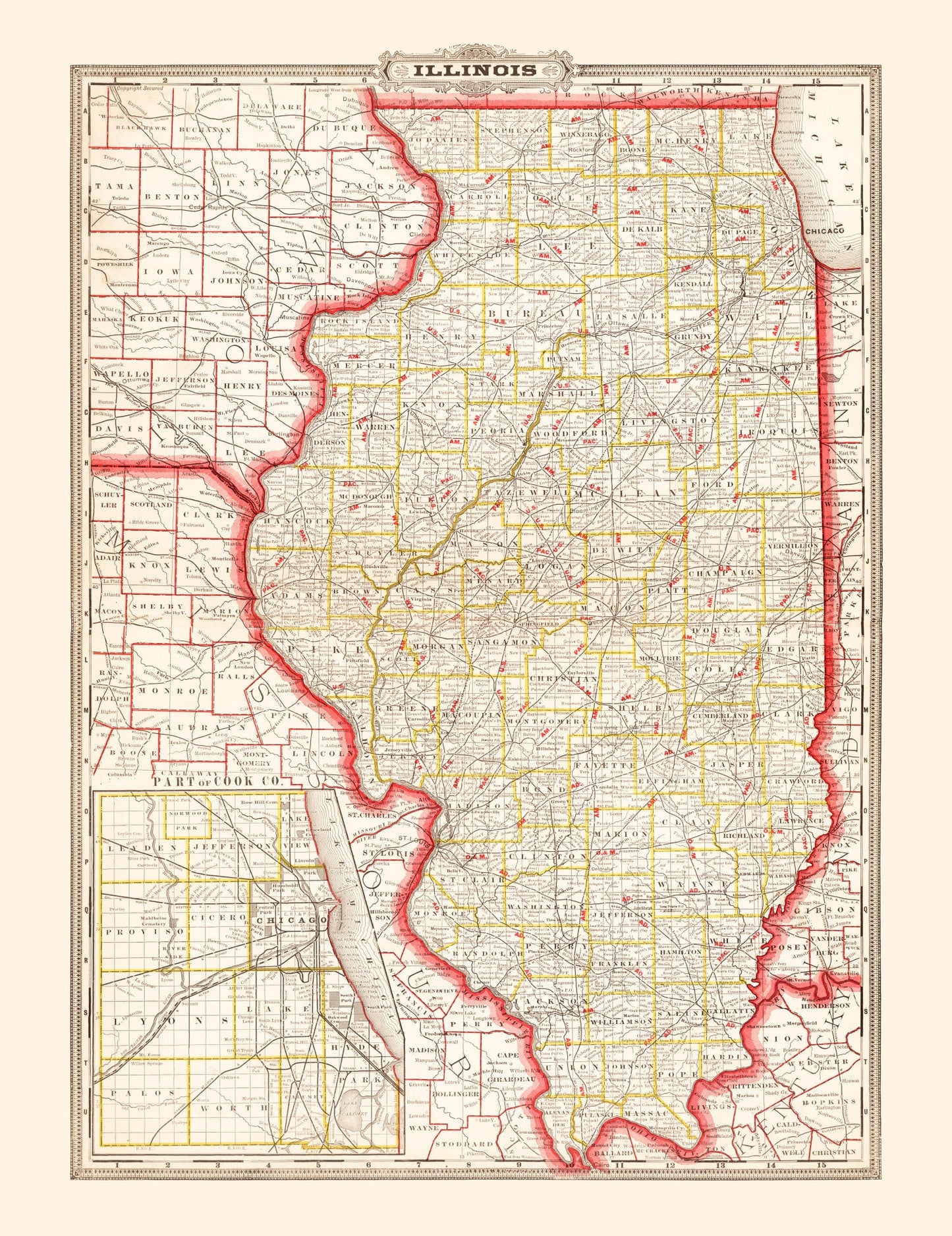 Vintage Map of Illinois, 1882