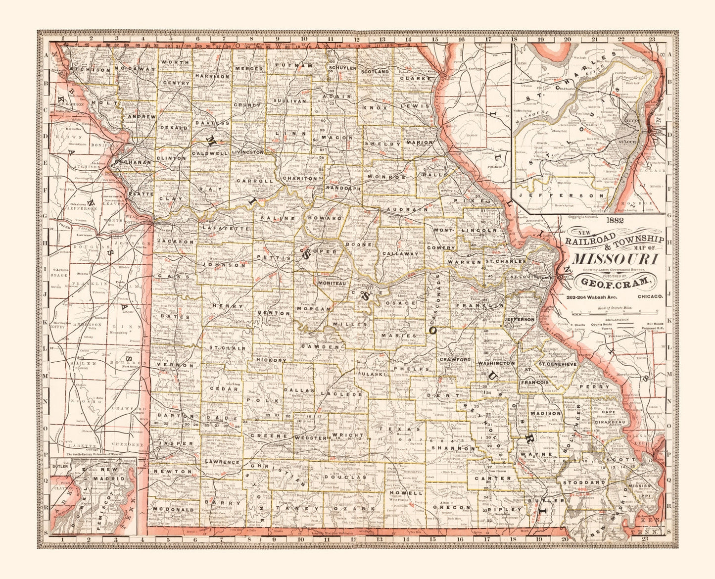 Vintage Railroad Map of Missouri, 1882