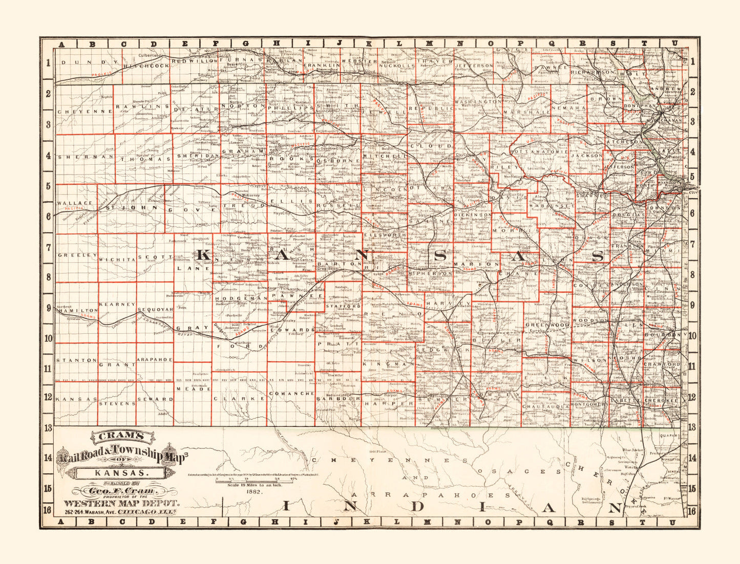 Vintage Railroad Map of Nebraska, 1882