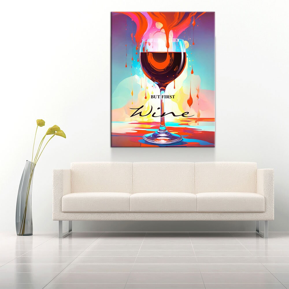 But First Wine Canvas Wall Art, Abstract Wine Print