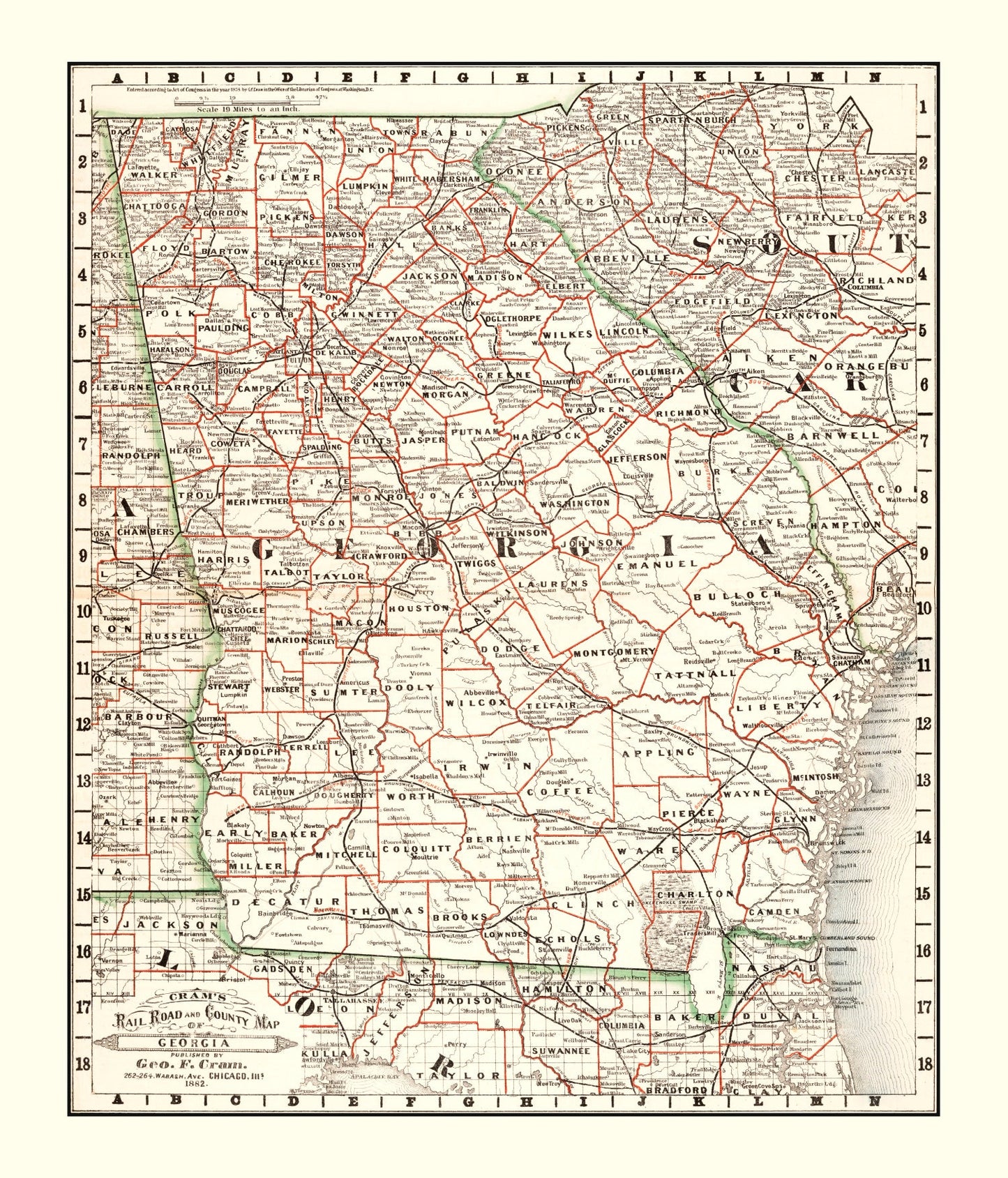 Vintage Railroad Map of Georgia, 1882