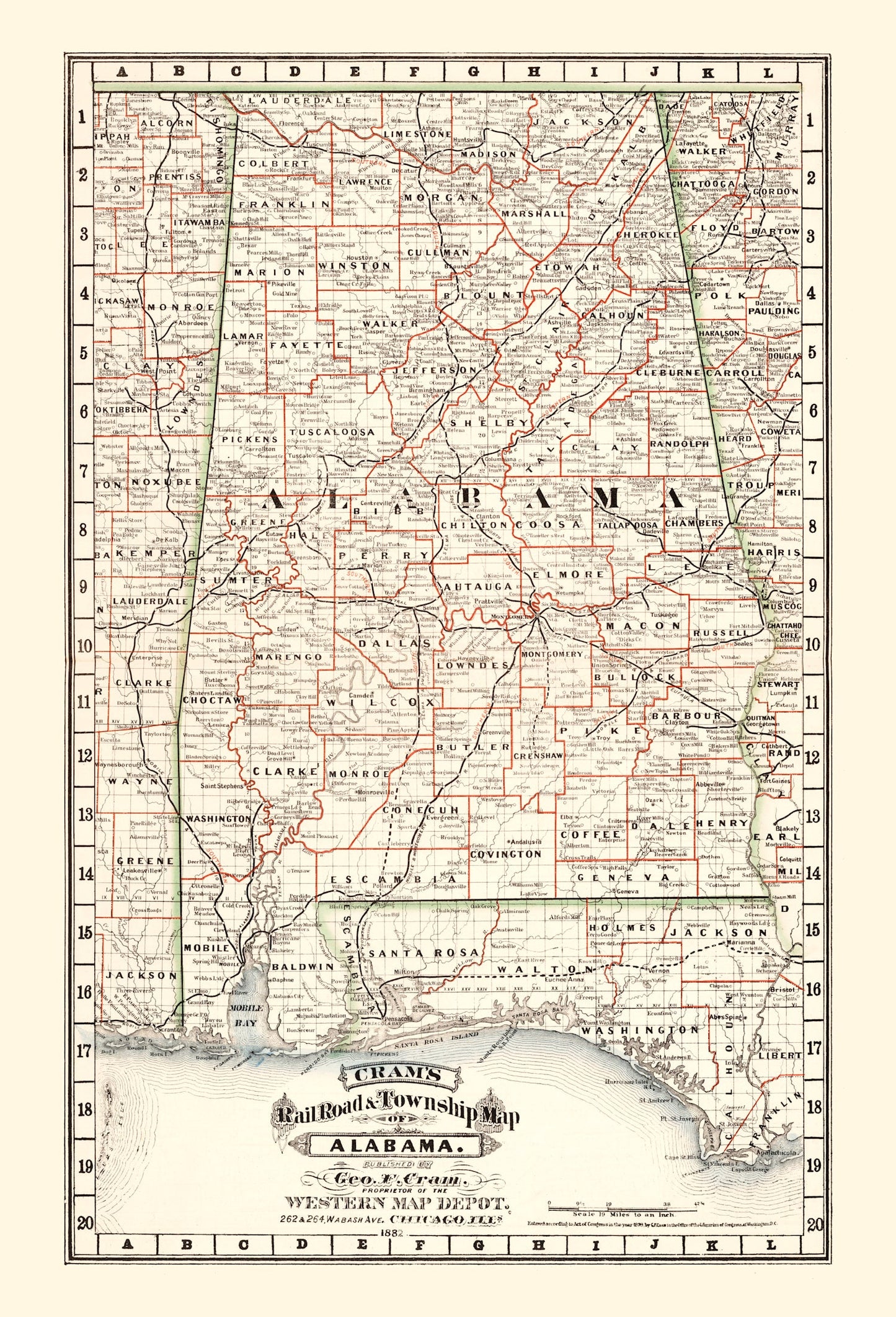 Vintage Railroad Map of Alabama, 1882