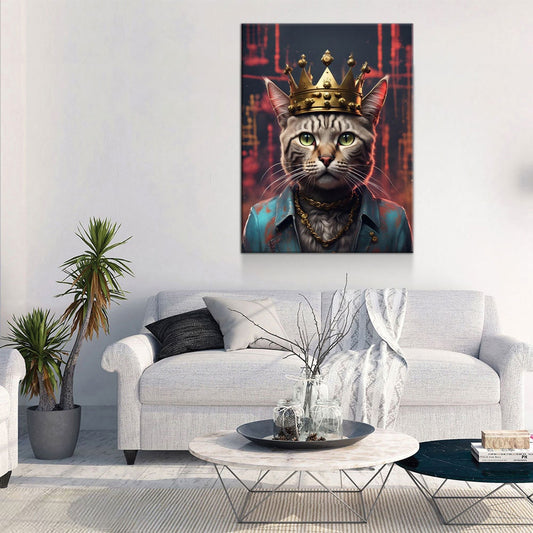Street King Cat Canvas Wall Art, Cat With Crown Print
