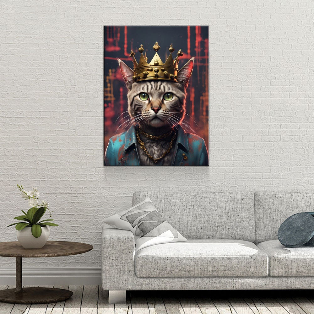 Street King Cat Canvas Wall Art, Cat With Crown Print