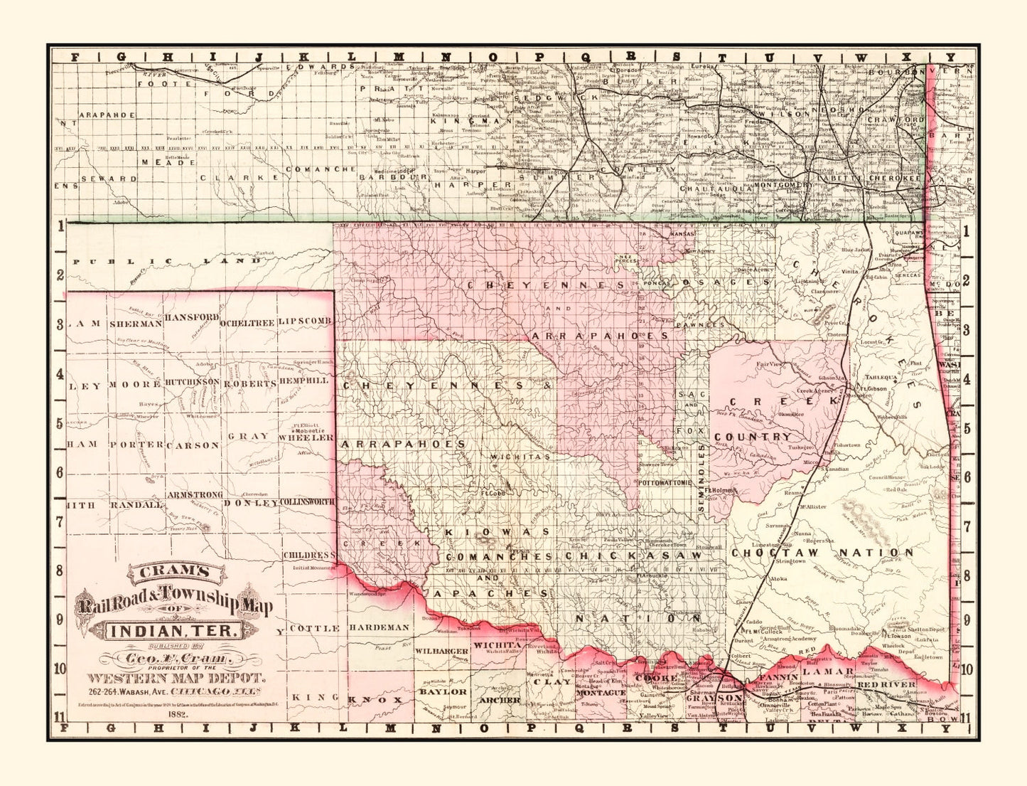 Vintage Railroad Map of Oklahoma, 1882