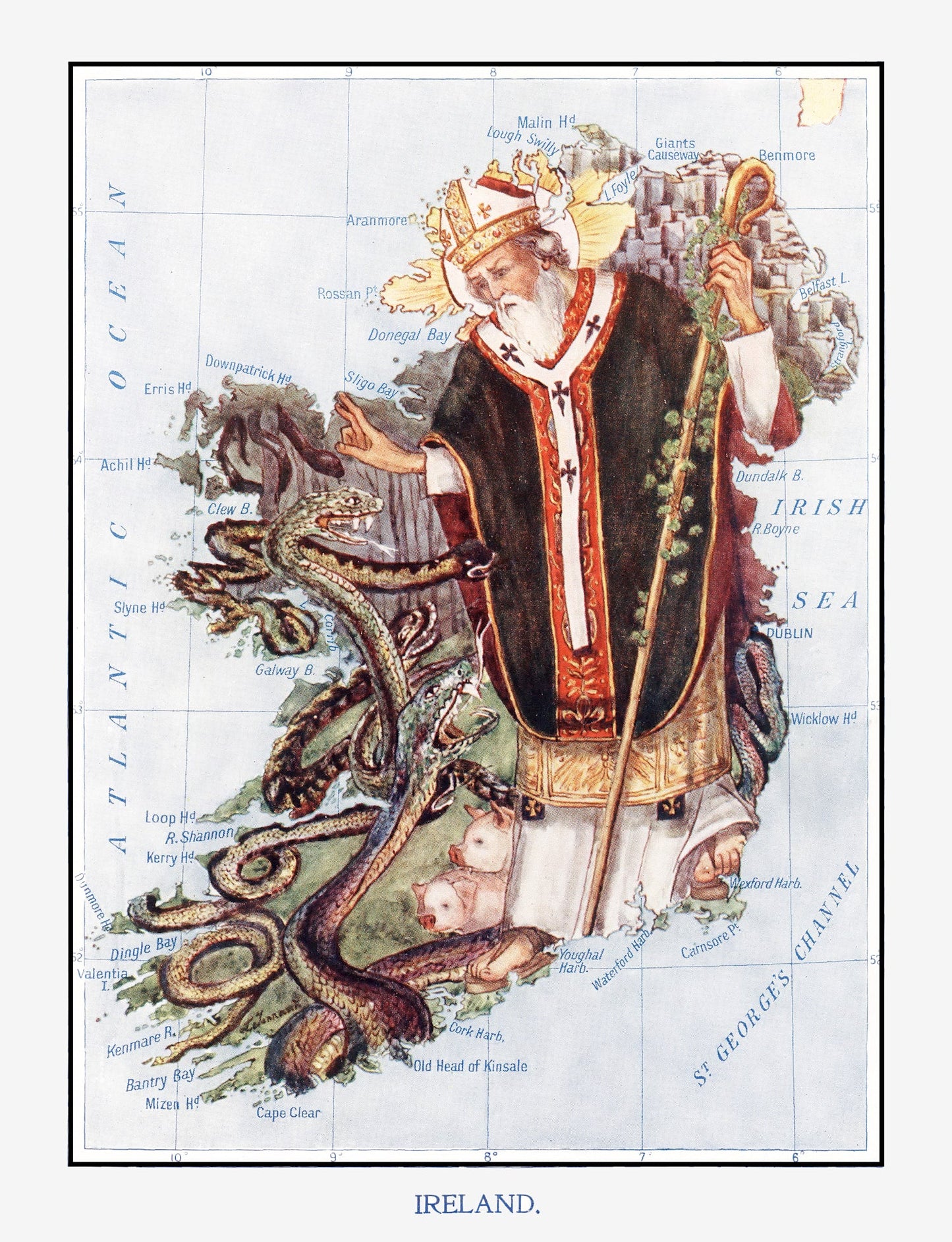 Vintage Ireland Map of St. Patrick and Reptiles, 1912