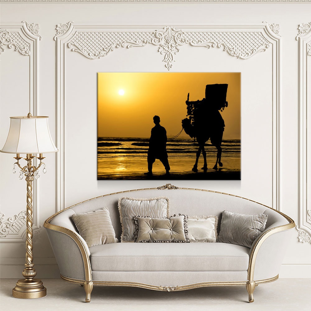 Karachi Camel Ride Canvas Wall Art, Pakistan Beach Print