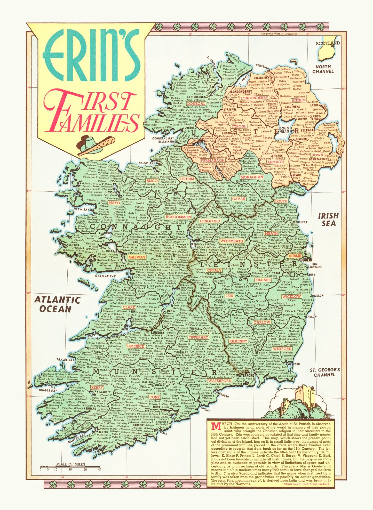 Vintage Erin's First Families Map of Ireland, 1946