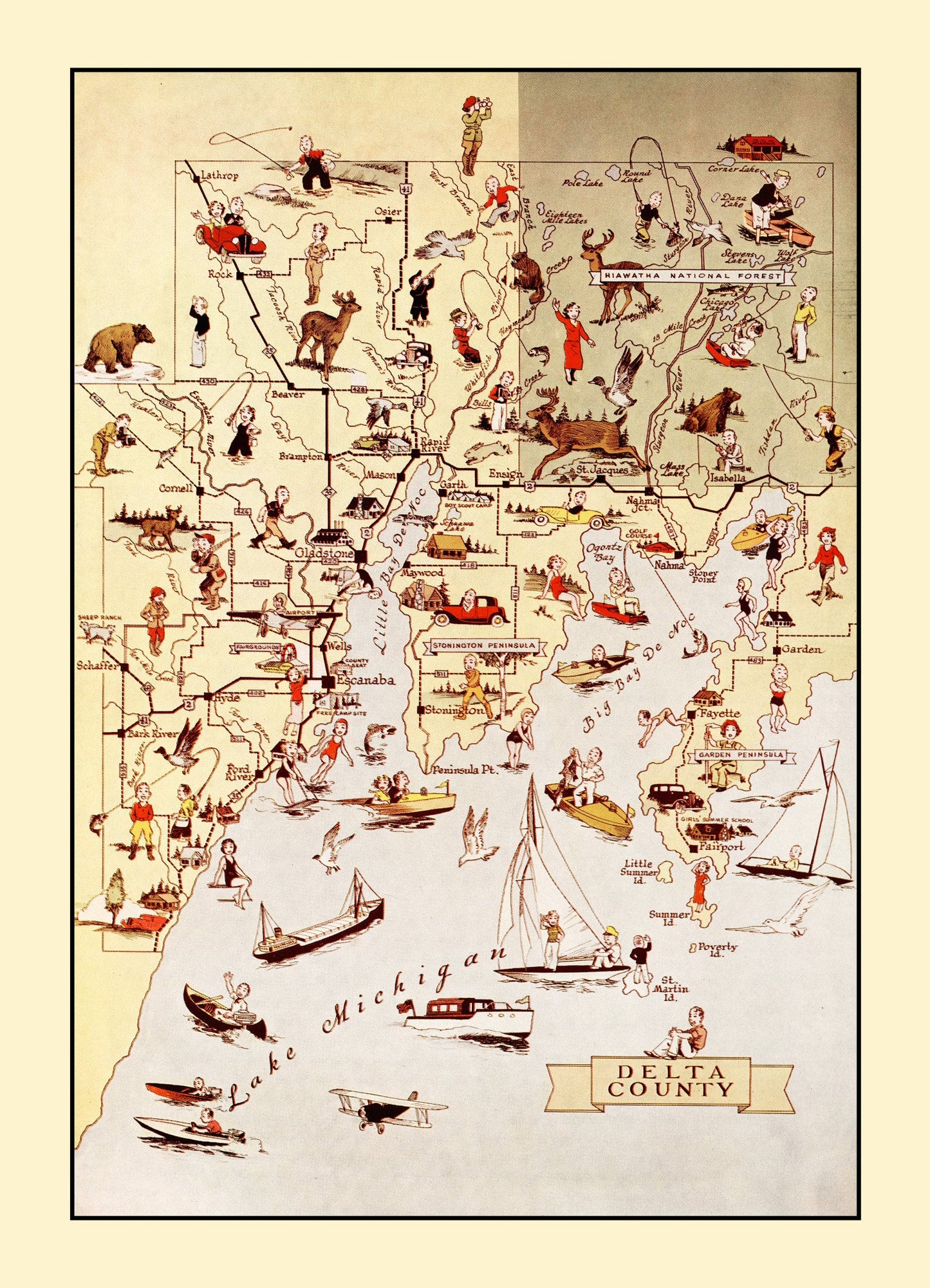 Vintage Map of Delta County, Michigan, 1936