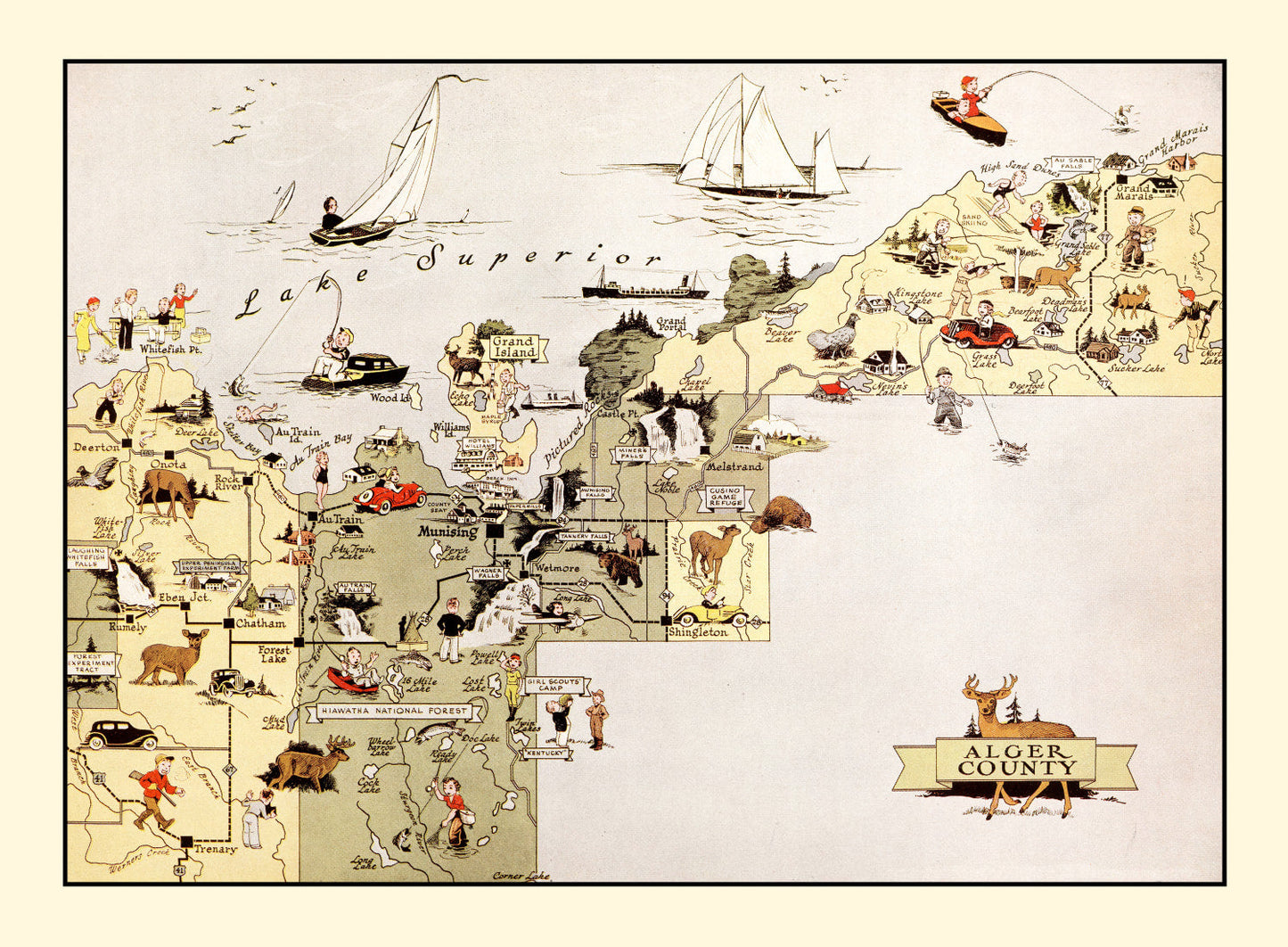 Vintage Map of Alger County, Michigan, 1936