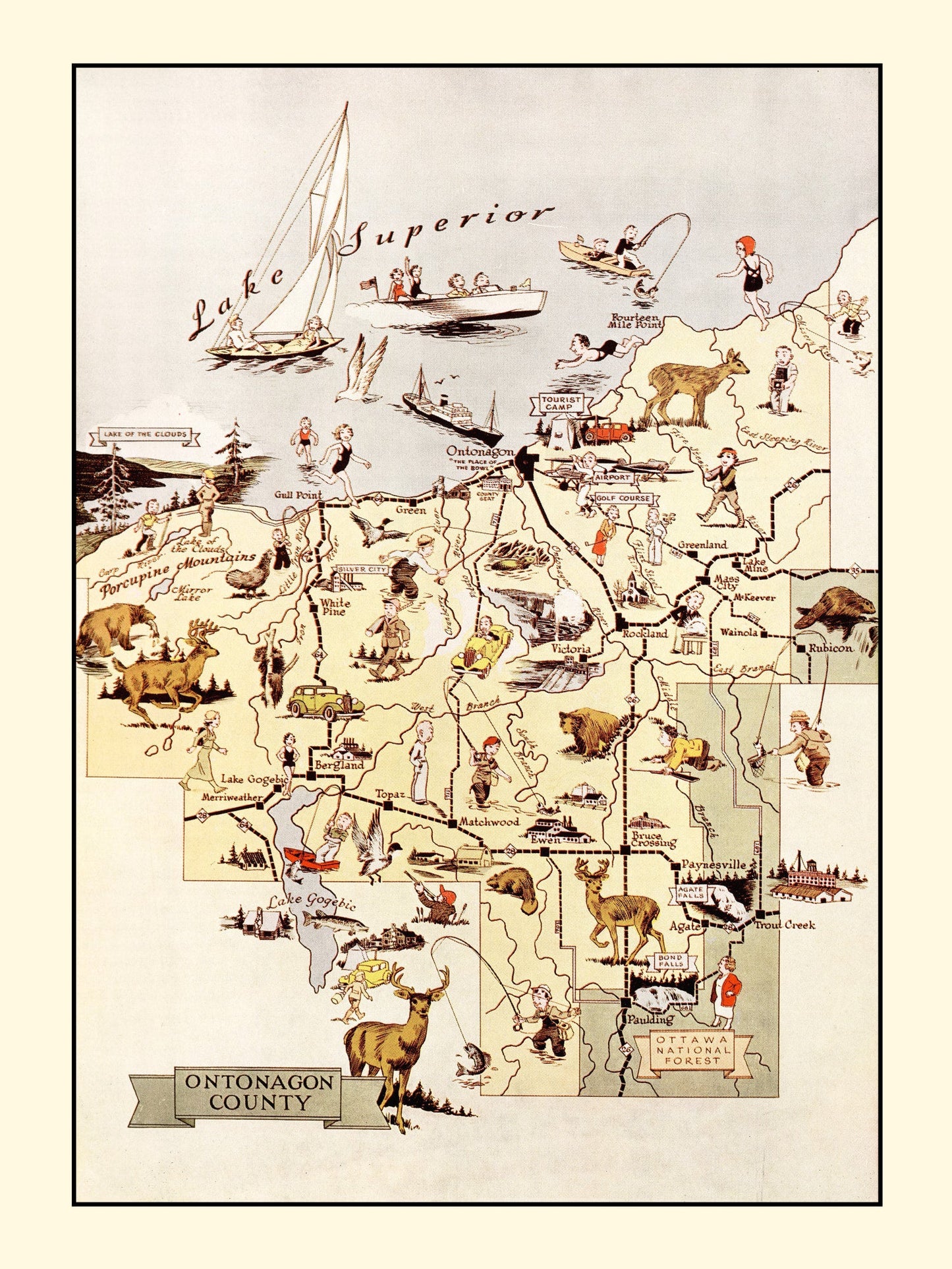 Vintage Map of Ontonagon County, Michigan, 1936