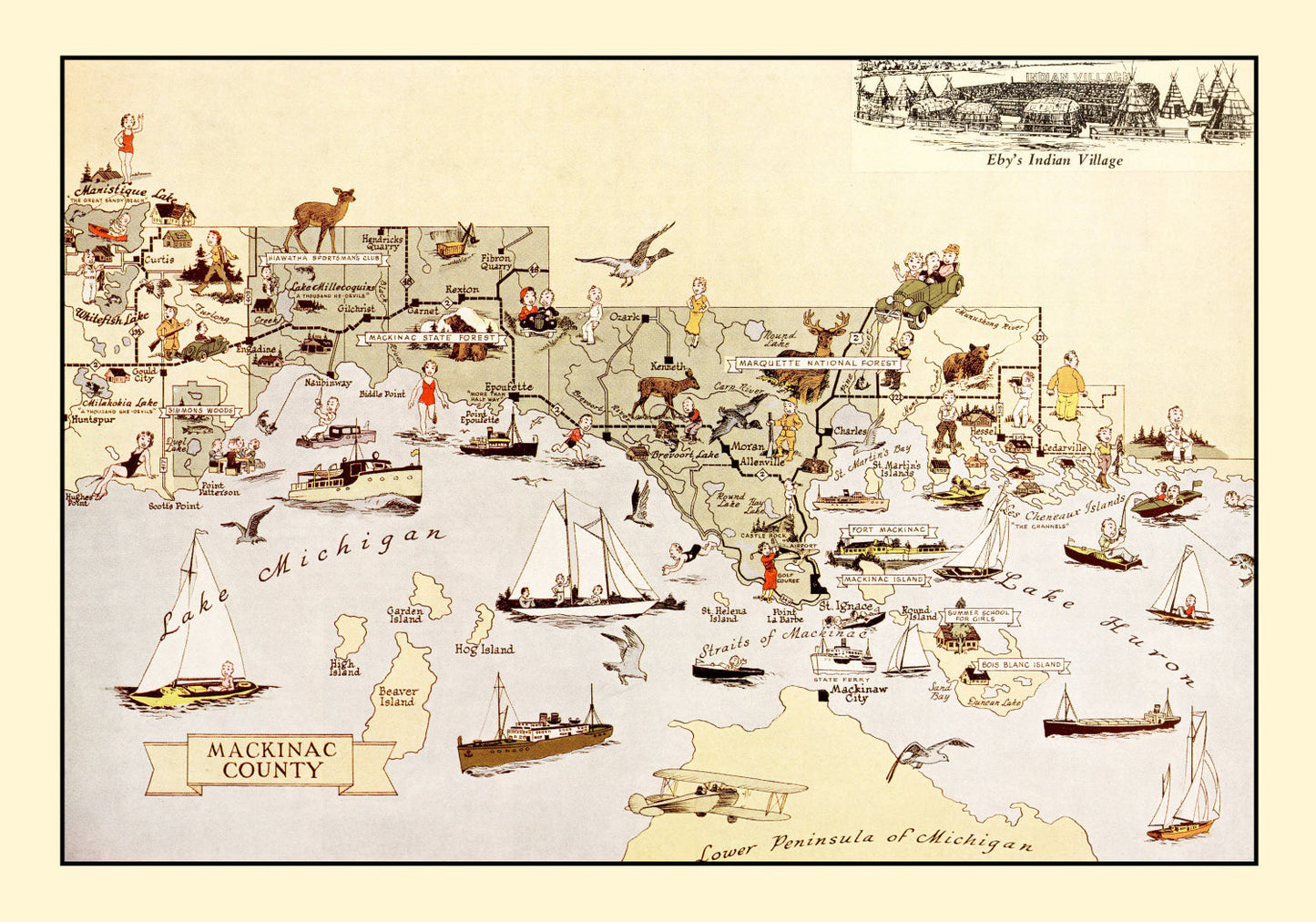 Vintage Map of Mackinac County, Michigan, 1936