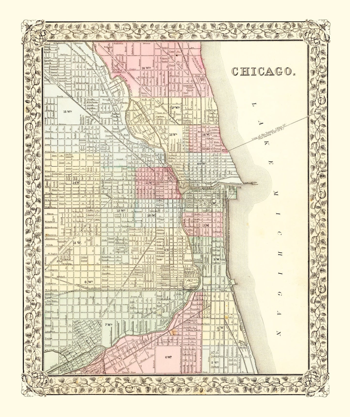 Vintage Map of Chicago, Illinois, 1870