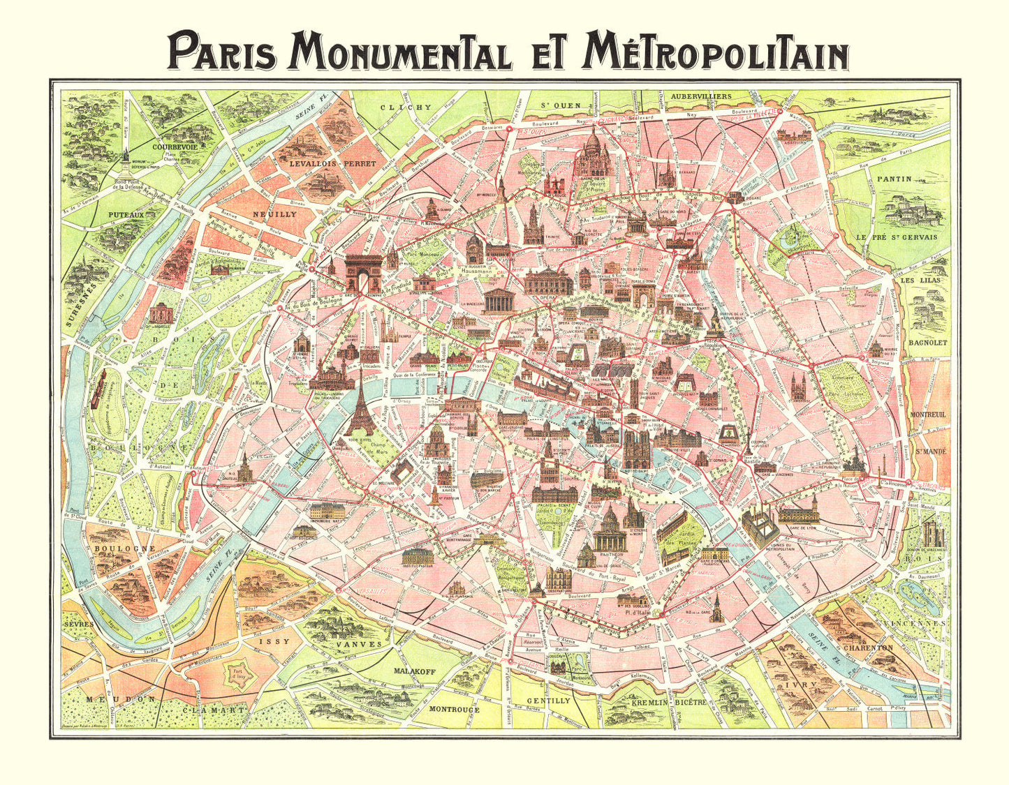 Vintage Map of Paris, France, 1911