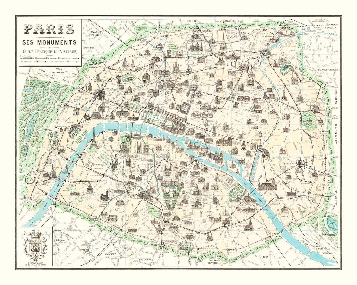 Vintage Map of Paris, France, 1905