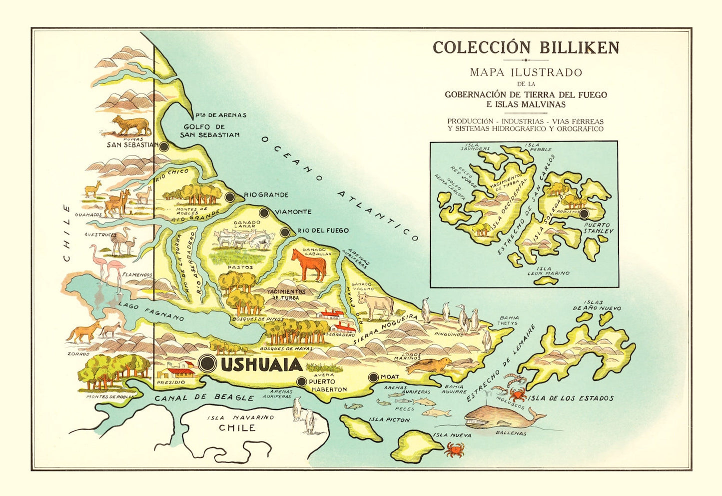 Vintage Map of Tierra del Fuego, Argentina, 1933