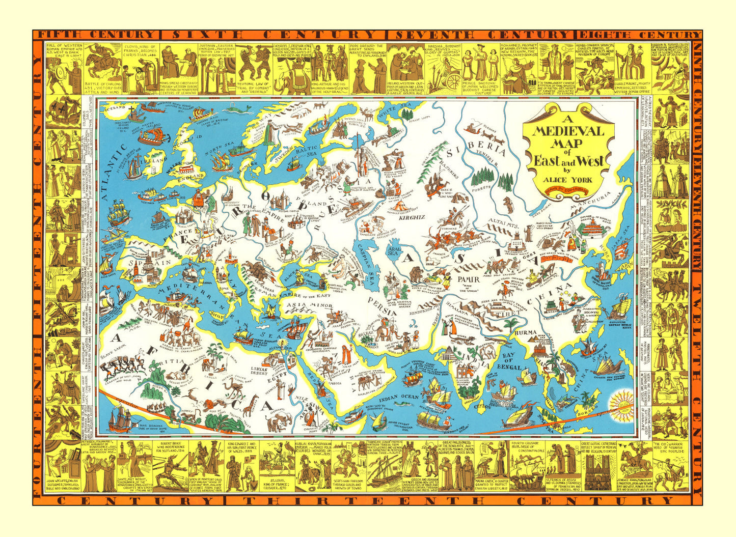 Vintage Medieval Map of East and West, 1925