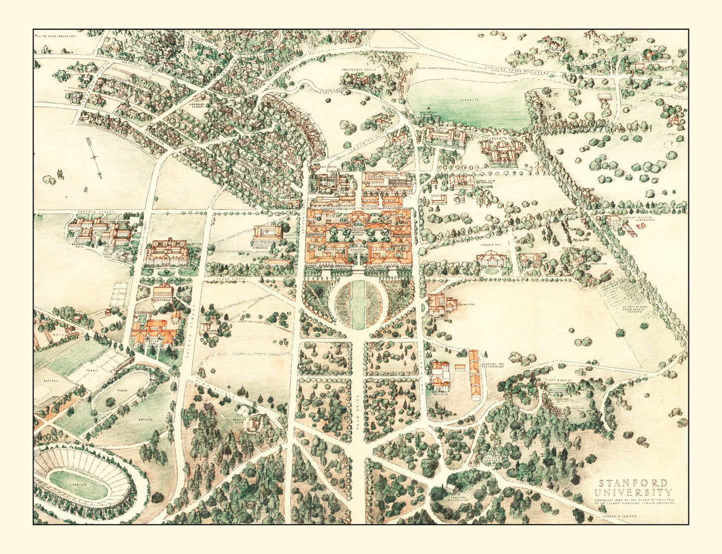Vintage Map of Stanford University, California, 1934