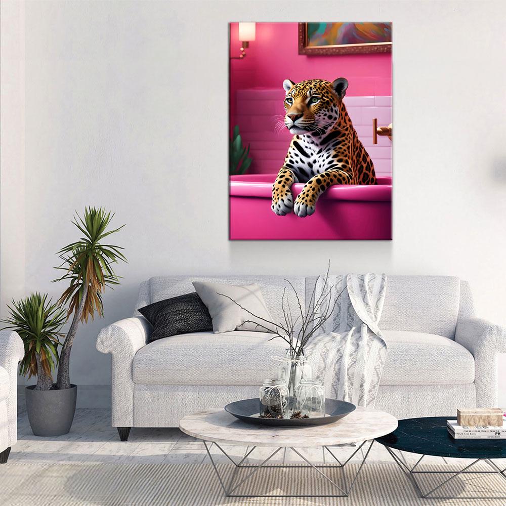 Jaguar In Bathtub Pink Bathroom Canvas Art