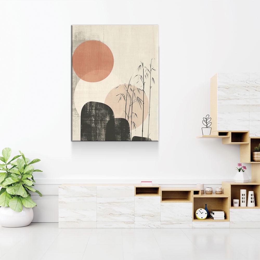 Japandi Red Sun Bamboo Textured Canvas Art