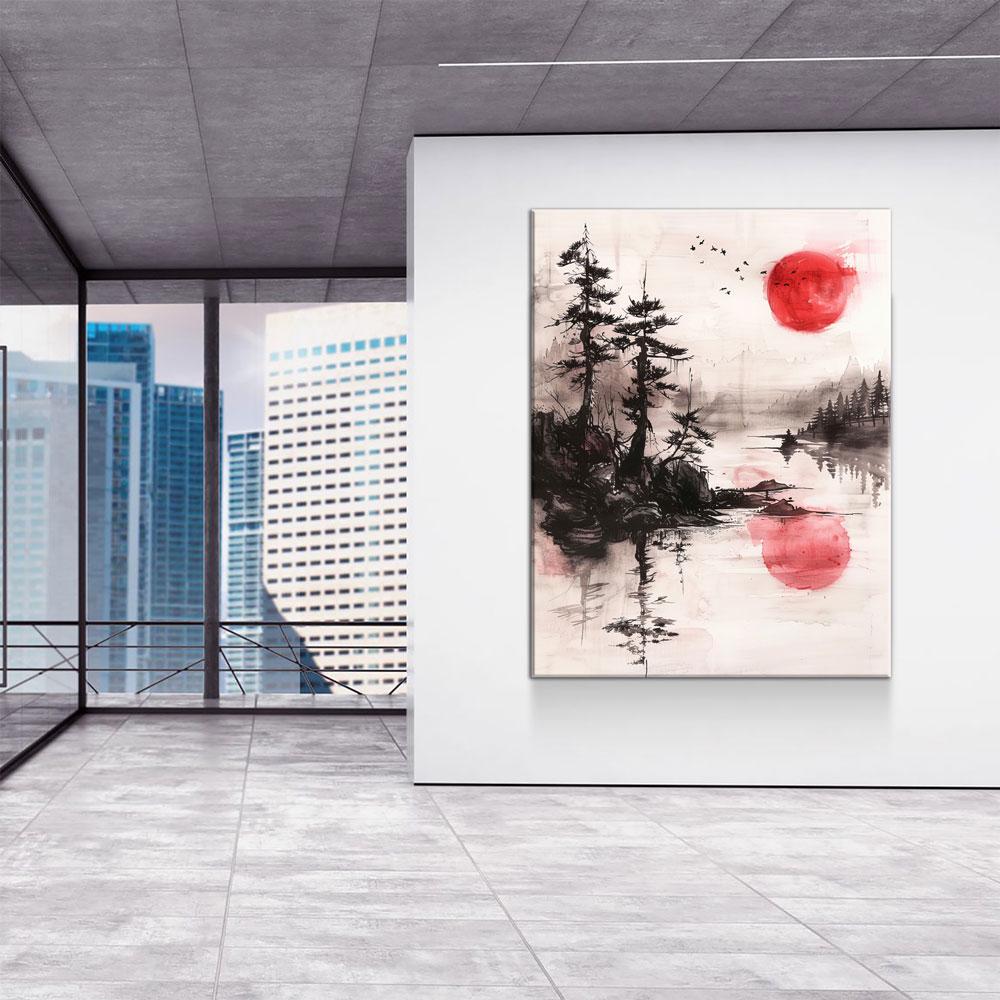 Japandi Red Sun On Water Zen Canvas Wall Art