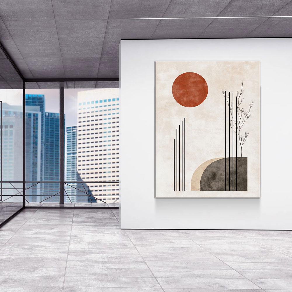 Japandi Red Sun In Woods Zen Canvas Wall Art