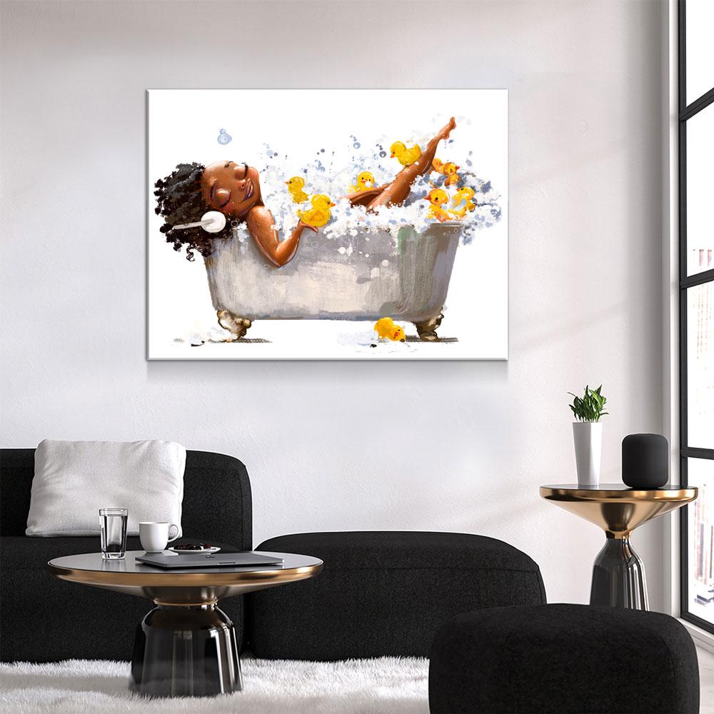 African Woman In Tub Canvas Wall Art, Bathroom Decor