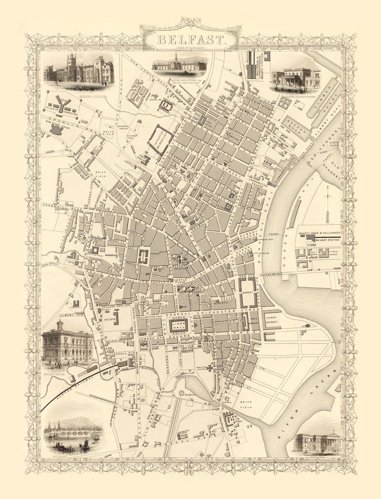Vintage Map of Belfast, United Kingdom, 1851