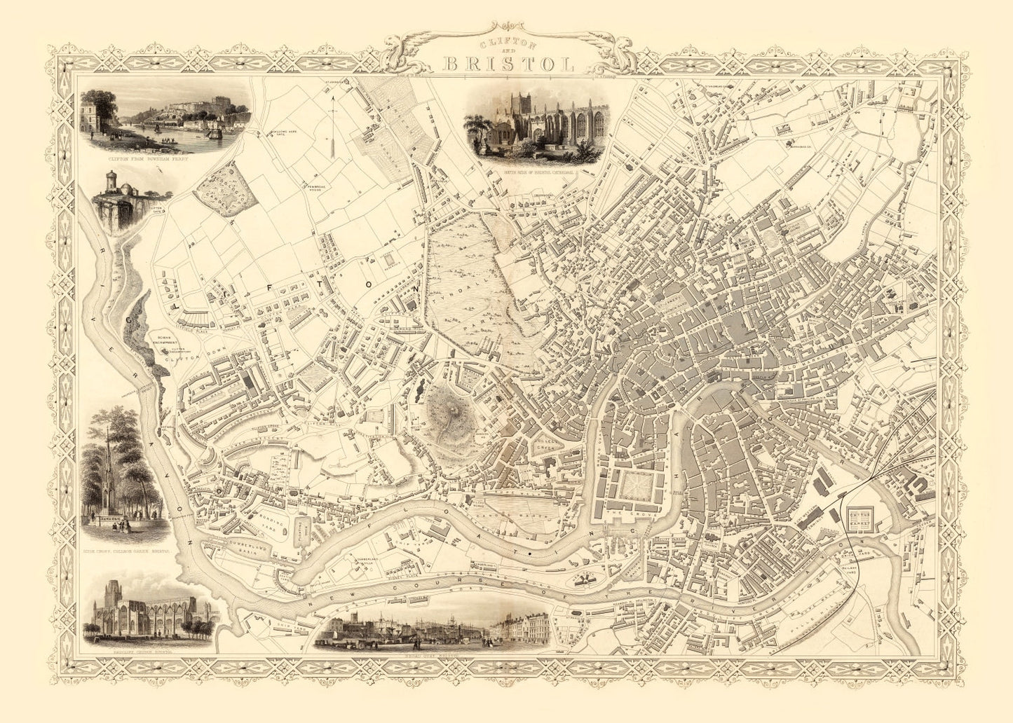 Vintage Map of Bristol and Clifton, United Kingdom, 1851