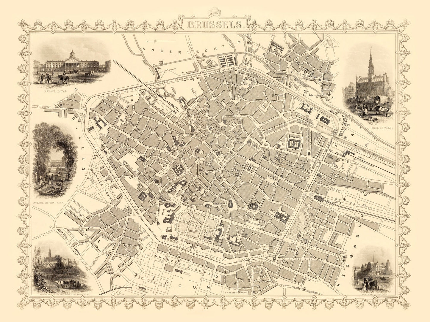 Vintage Map of Brussels, Belgium, 1851
