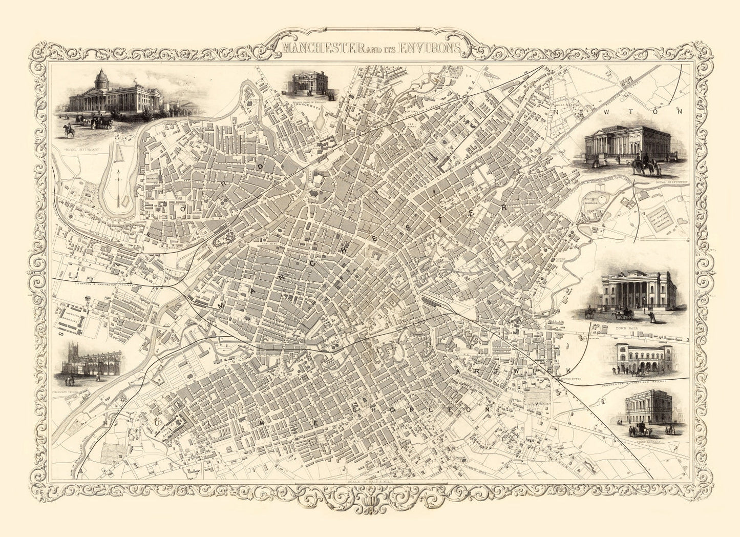 Vintage Map of Manchester, England, 1851