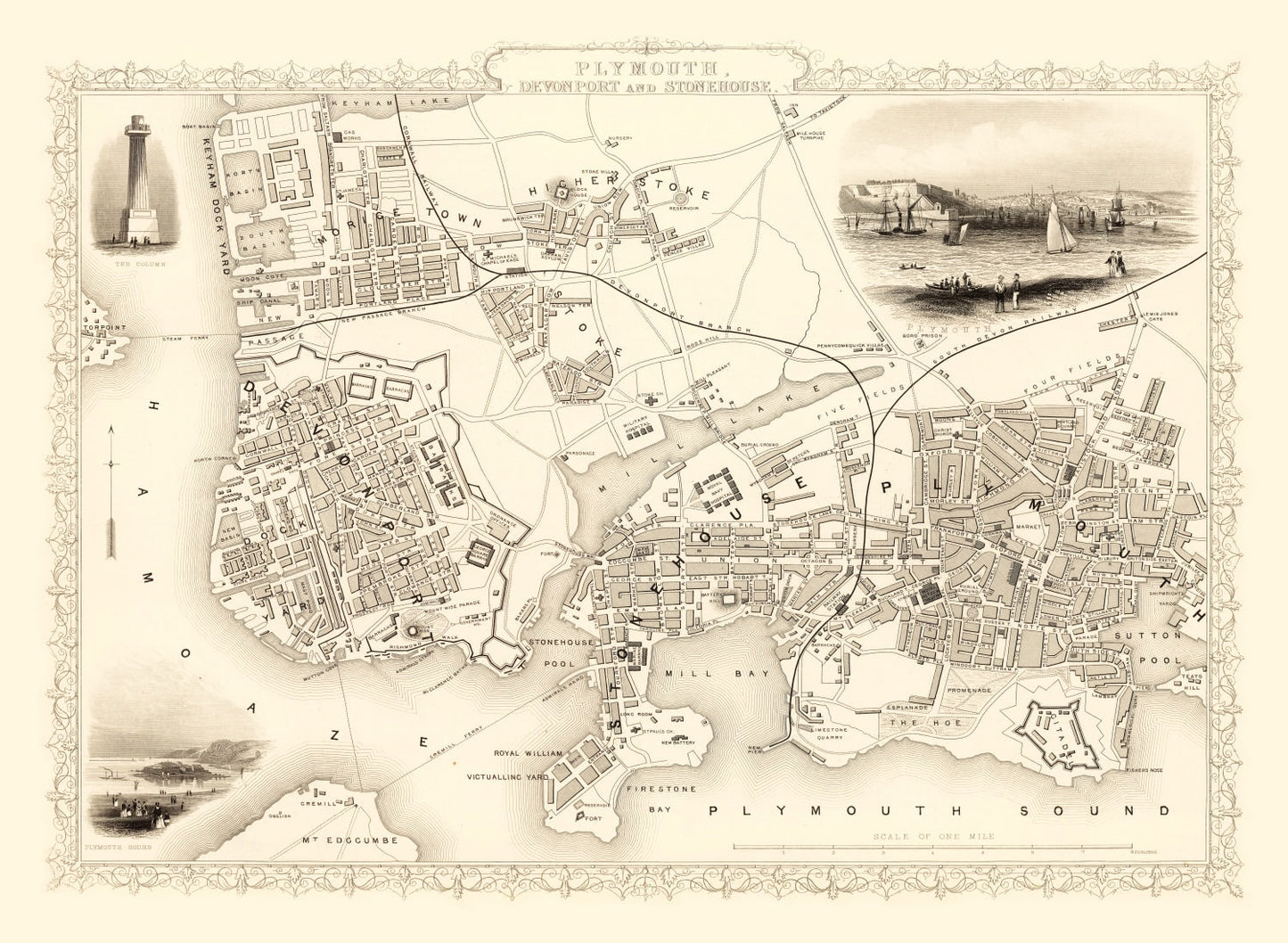Vintage Map of Plymouth, United Kingdom, 1851