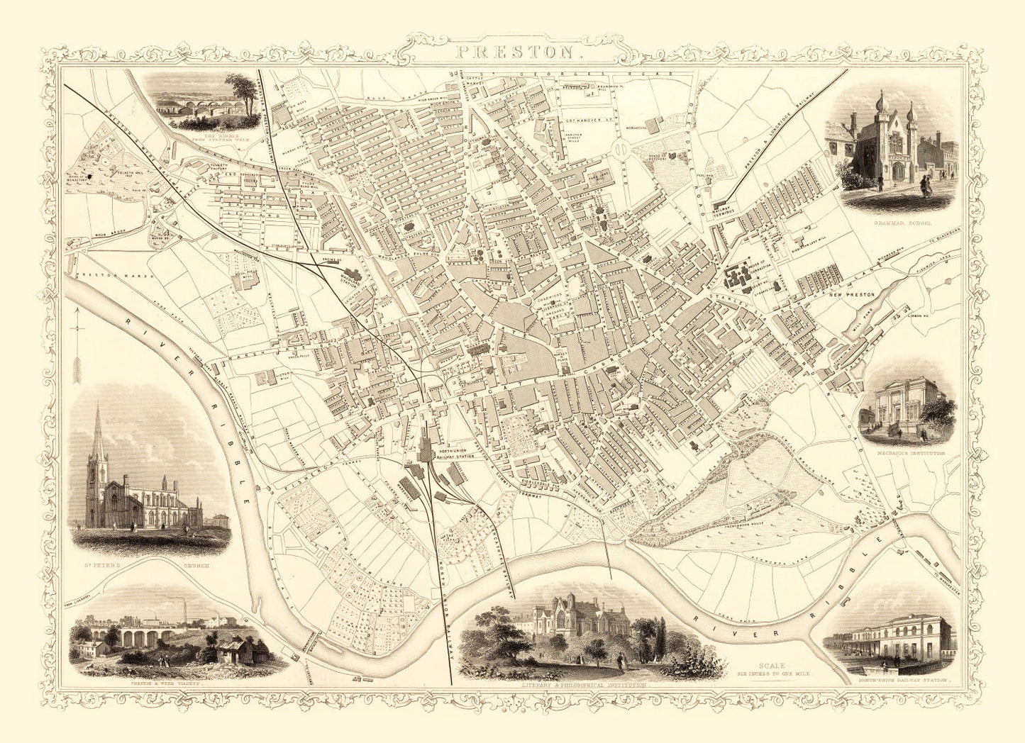 Vintage Map of Preston, United Kingdom, 1851