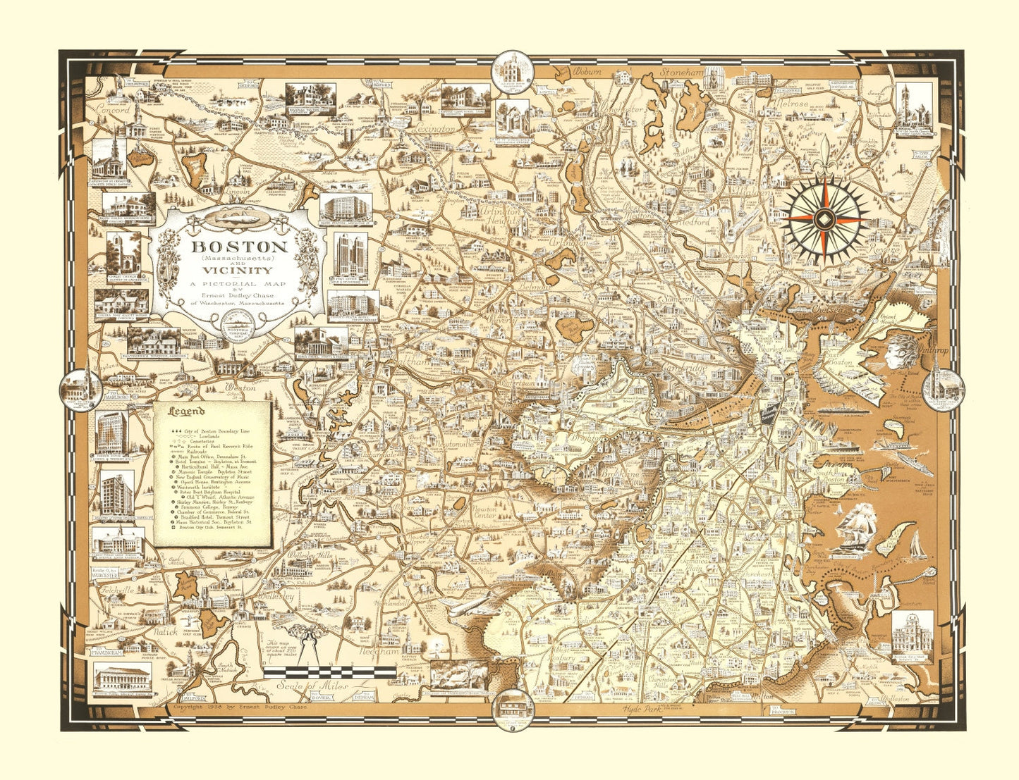 Vintage Pictorial Map of Boston, Massachusetts, 1938