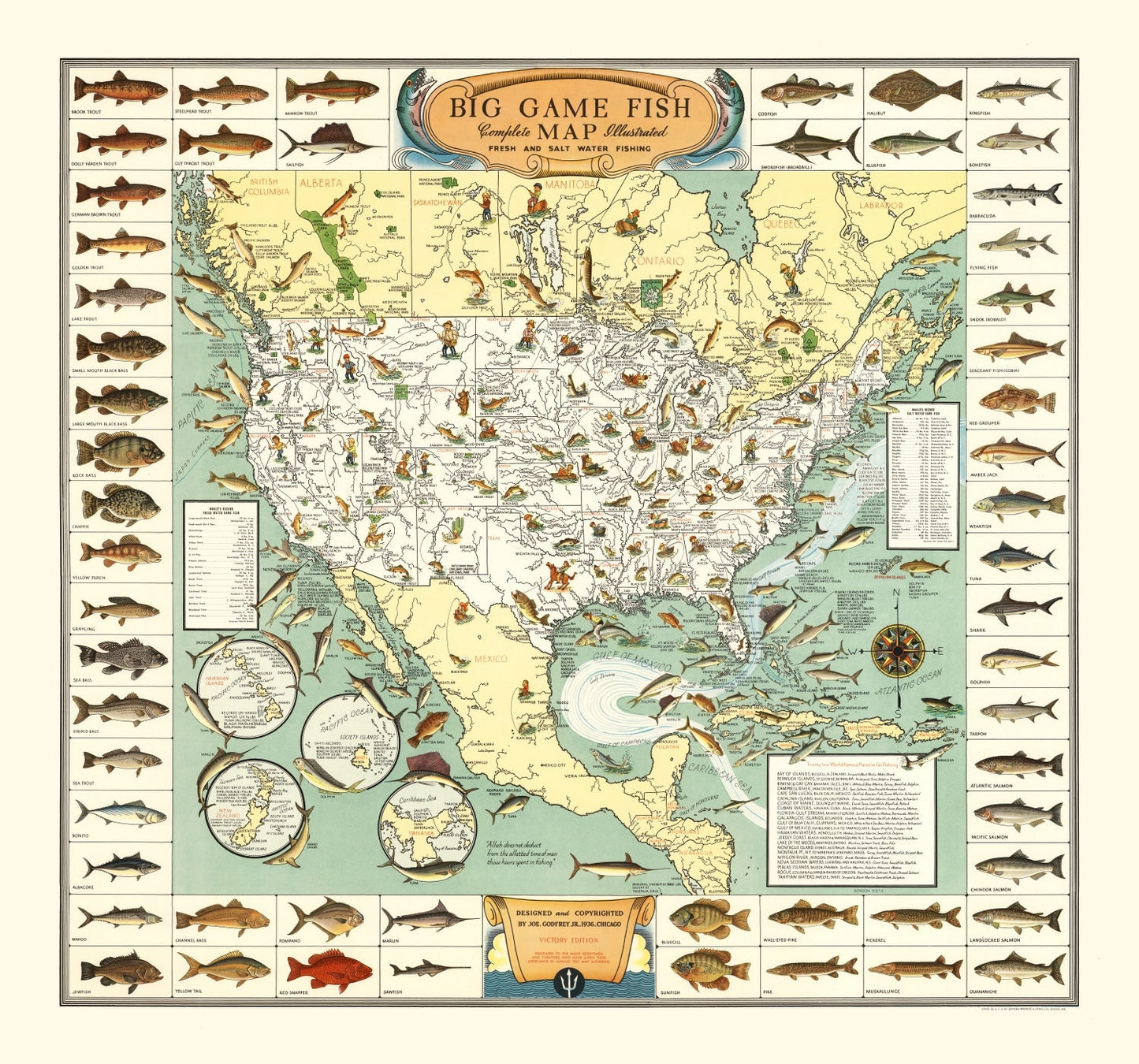 Vintage Map of Big Game Fish of America, 1936