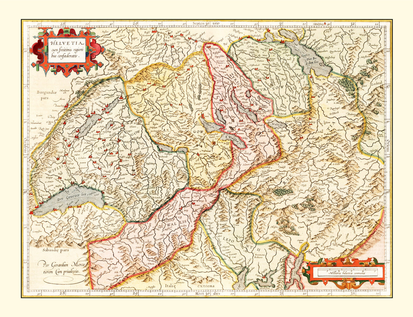 Vintage Map of Switzerland, 1623