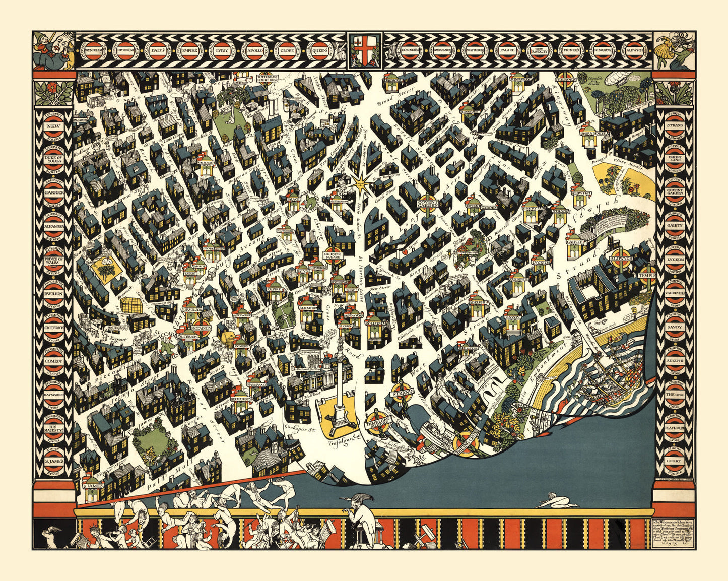 Vintage Map of London Theater District, England, 1915